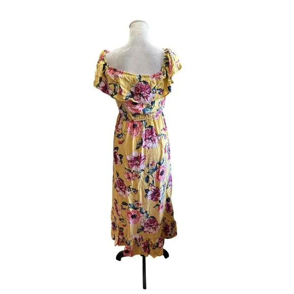 Floral Yellow Off-Shoulder Maxi Dress Ruffled Neckline Button Front Tassel - Picture 9 of 10